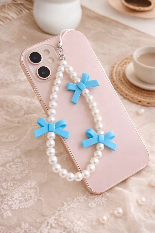 A phone charm made of white pearls and three matte blue bow accents, attached to a pink smartphone lying on white lace.